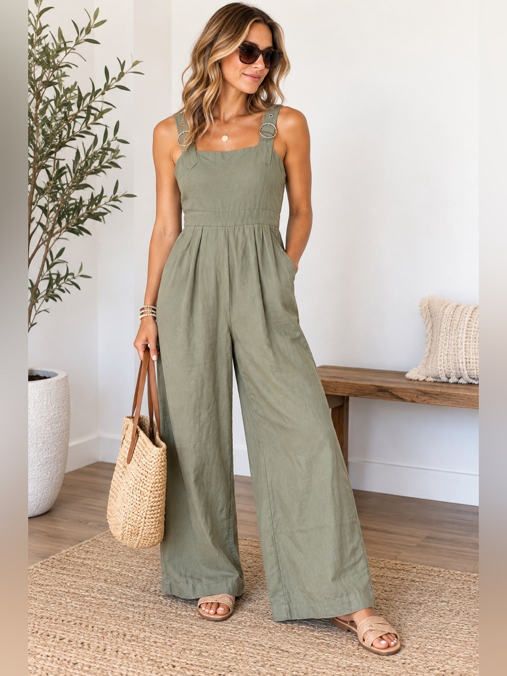 Japna NWT Olive Green Linen Blend Wide Leg Jumpsuit Size S